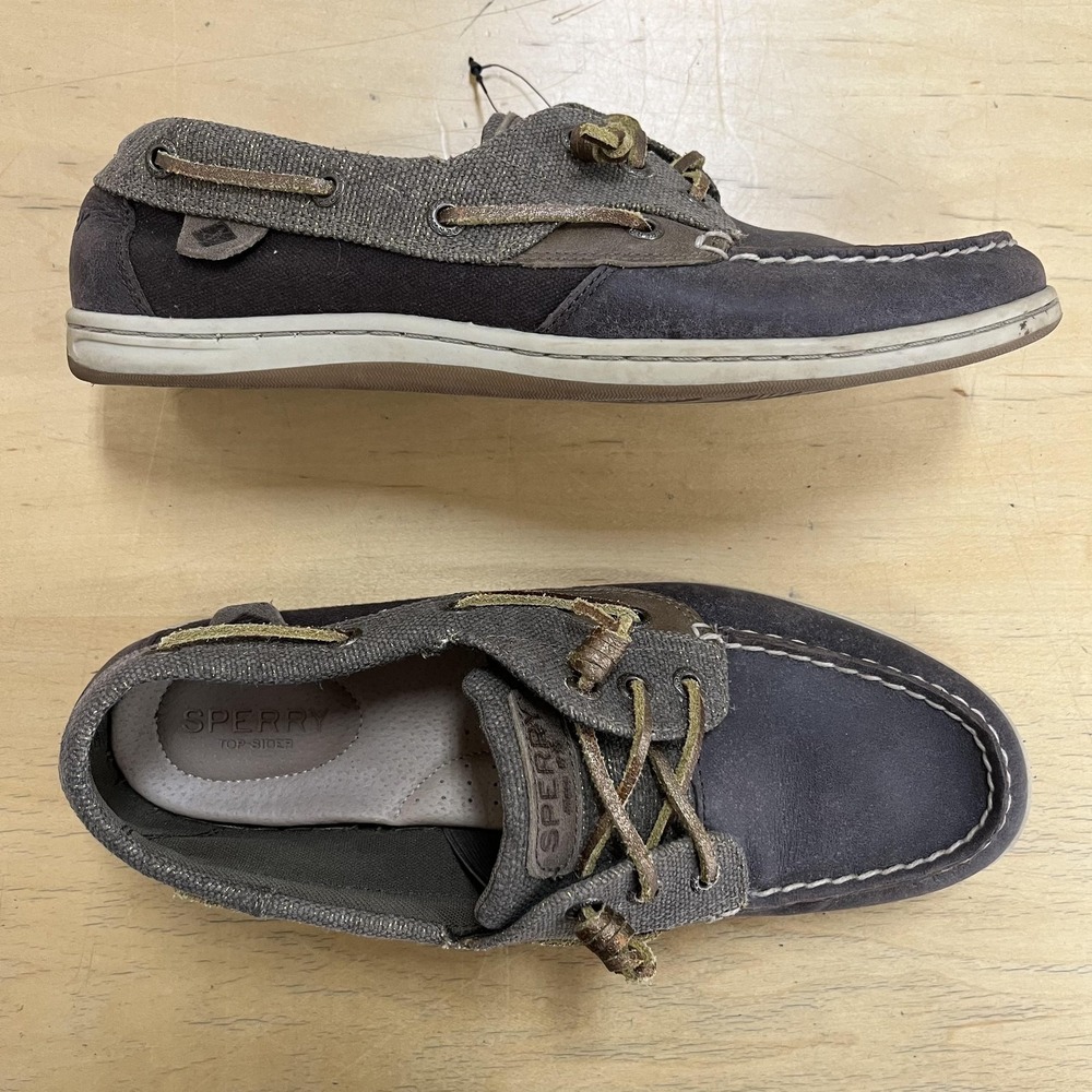 Sperry‎ Top-Sider Boat Shoes Womens Size 9.5 Gray Brown Leather Canvas STS80607